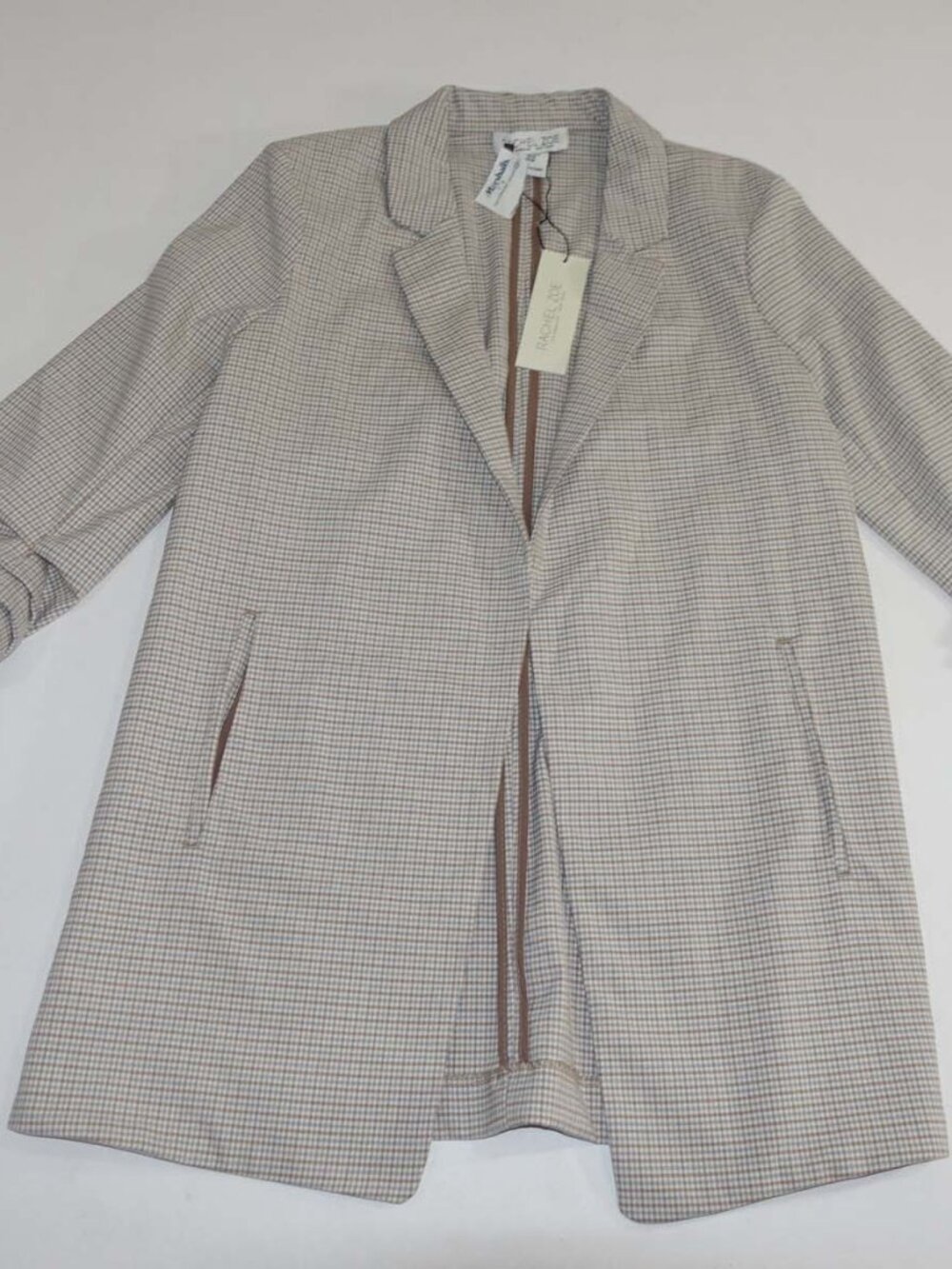 Rachel Zoe Women's Blazer Jacket Medium NWT Ruched 3/4 Sleeves Open Front Check